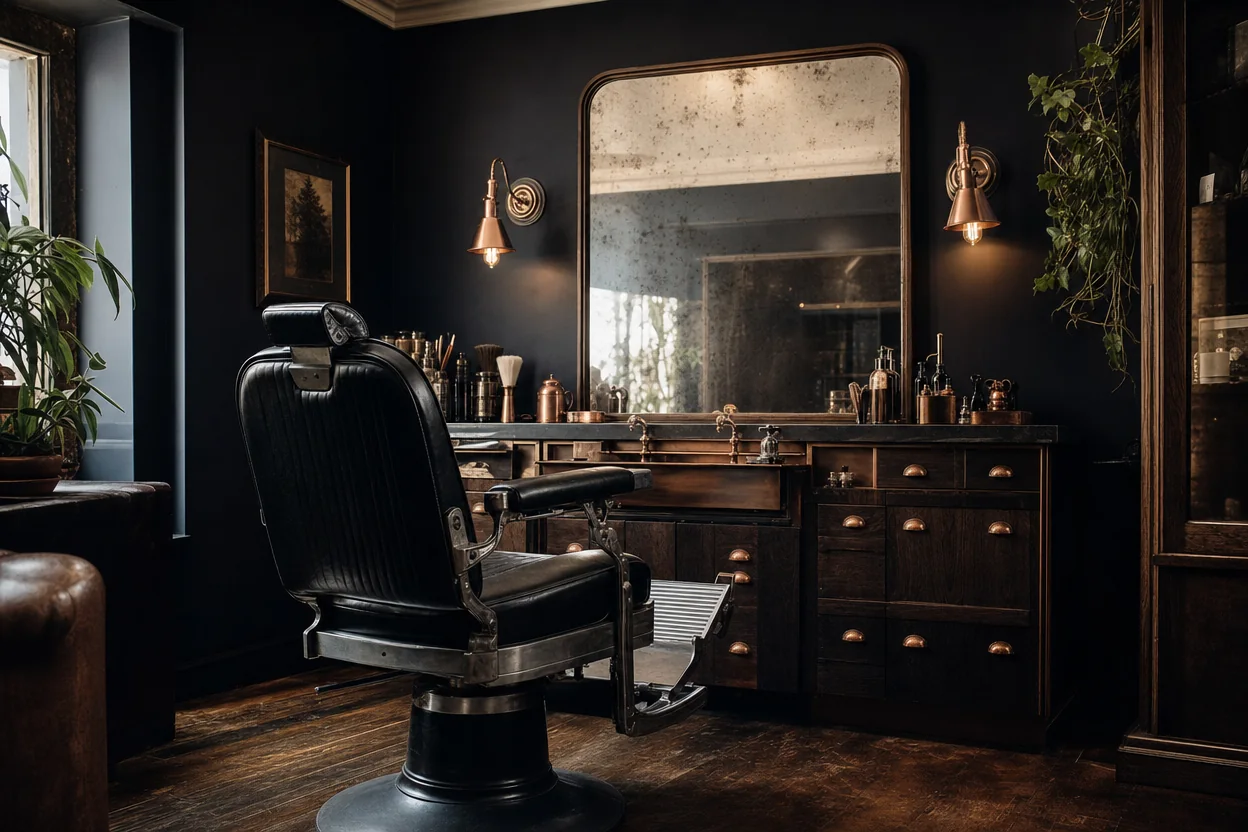 Single vintage barber station with copper lighting